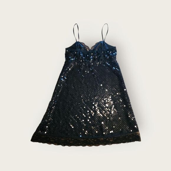 Vintage Y2k Express black sequined spaghetti strap mini dress Size 4 - Picture 2 of 4